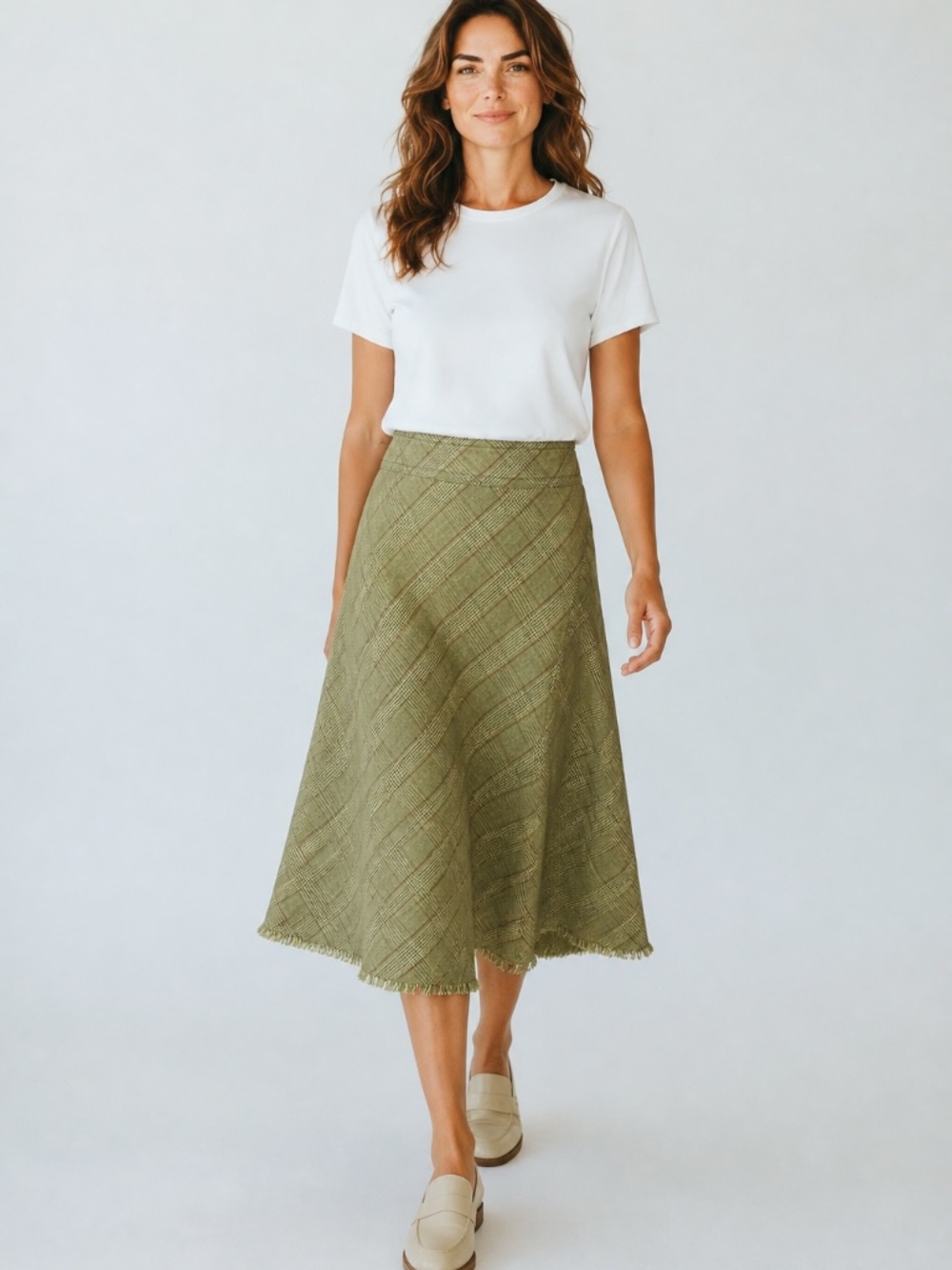 Vintage Anthropologie Elevenses Green Glen Plaid A-Line Skirt Raw Frayed Hem | 6